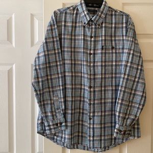 GH Bass plaid button down long sleeve shirt in light & dark blue & red, size lg